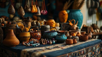 Artisan crafted souvenirs displayed on table vibrant market handmade goods cultural richness close-up unique treasures