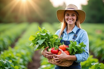 Fresh Produce Farmer Holding Basket of Organic Vegetables in Lush Garden, Perfect for Healthy Lifestyle and Eco-Friendly Living Promotions