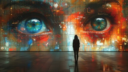 Woman gazing at a giant digital art depicting a face with large eyes.