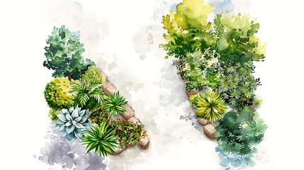 Hand-painted watercolor trees and planst. Top down view of plants, shrubs, paths landscape design materials for architecture plans. Landscape layout plan and architecture drawing elements