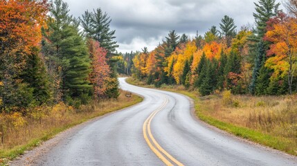 Fototapeta premium A winding road through vibrant autumn foliage under a cloudy sky.