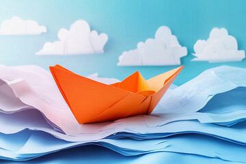 paper boat floats on the waves of documents. business concept