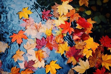 Fototapeta premium Colorful Leaves Drifting on Tranquil Water Surface