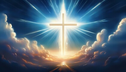 Fototapeta premium Cross In The Sky - Resurrection - Light Cross Shape In Clouds - Risen - Jesus Ascends to Heaven Scene 