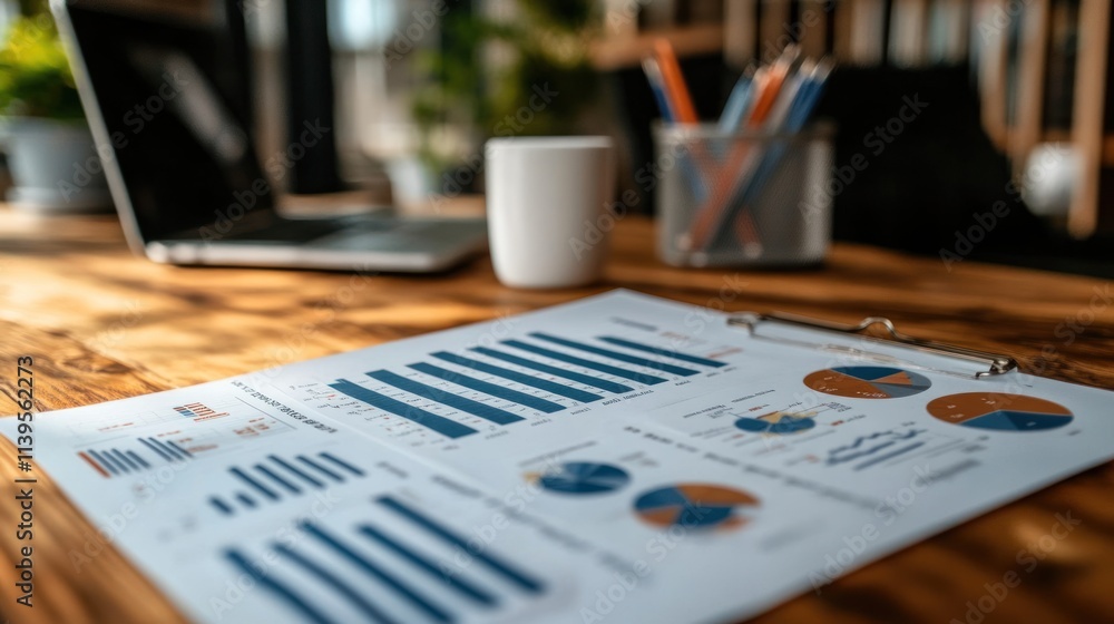 Aufkleber a workspace featuring data analysis charts and a coffee cup on a wooden table.