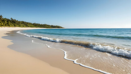 Obraz premium Tranquil Tropical Beach Scene: Serene Ocean Waves Caressing Golden Sands Under a Sunny Sky