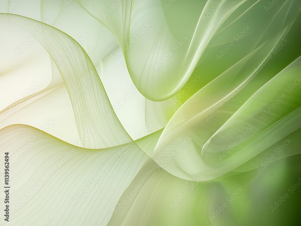 Poster abstract digital art with a green and white gradient background, featuring dynamic wave-like curved 