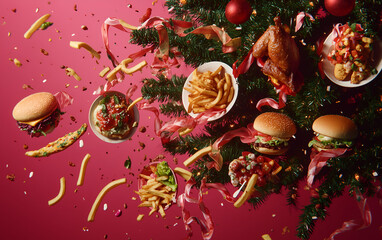 christmas dinner decoration on a red background