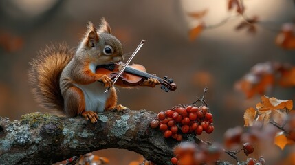 Obraz premium A whimsical scene of a squirrel playing a violin on a branch surrounded by autumn leaves.