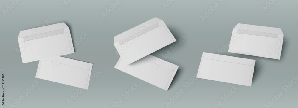 Poster empty white open and closed envelopes in different angles. three pairs of blank paper letter package