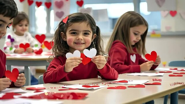 Children Creating Valentines Day Crafts at School