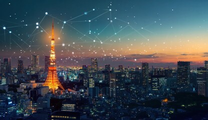 Obraz premium Tokyo cityscape at twilight with network connections.