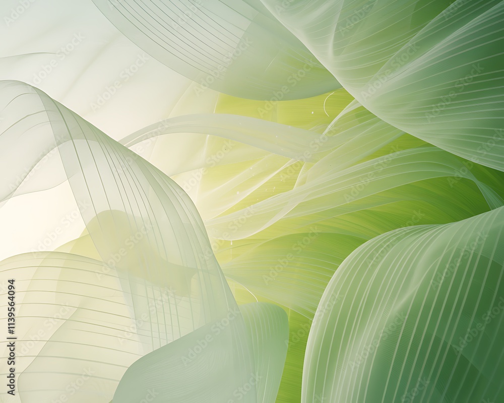 Poster abstract digital art with a green and white gradient background, featuring dynamic wave-like curved 