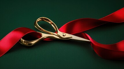 Gold scissors cutting a red ribbon on a dark green background.