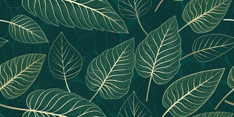 Elegant Gold Leaf Pattern on Deep Green Background, Ideal for Textile Design and Home Decor