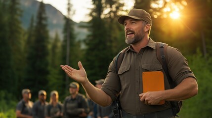 nature guide passionately explains the surroundings to a group of outdoor enthusiasts during a trek as the sun sets behind the trees, creating a warm glow