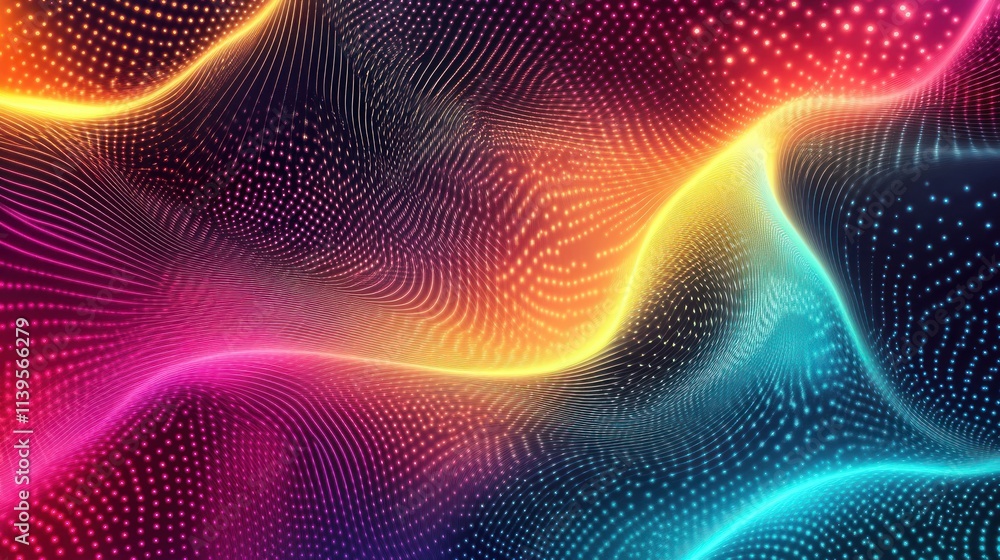 Poster abstract colorful waves with dots and gradients, creating a vibrant digital aesthetic.