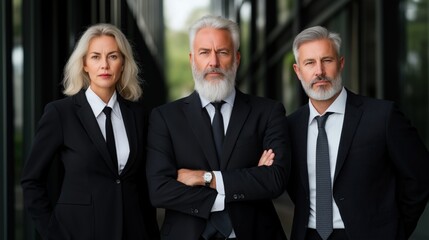 Fototapeta premium Three professionals stand poised in formal black suits, exuding confidence and unity. They are positioned outside a contemporary office building with large glass windows on a clear day
