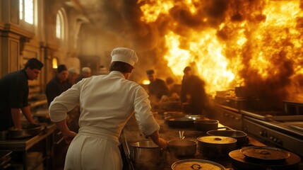 chaotic scene unfolds in a busy kitchen as a large fire erupts, causing panic among chefs and kitchen staff who scramble to contain the flames during peak dinner hours