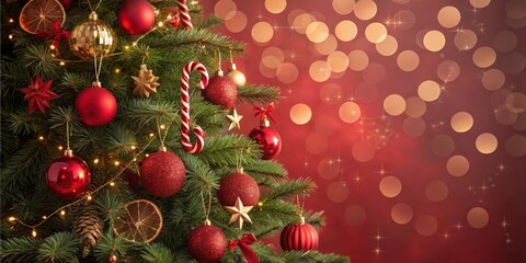A Festive Christmas Tree Decorated with Red Ornaments, Gold Accents, and Candy Canes Against a Sparkling Red Background