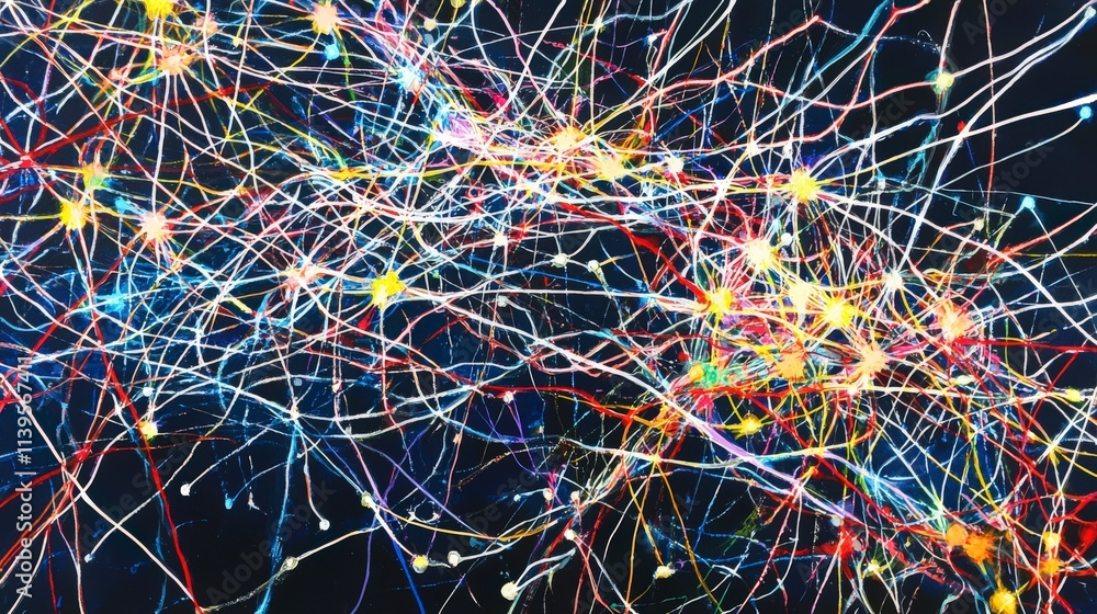 Poster Dynamic lines of colorful light intertwining in a dark space abstract art vibrant innovative concept