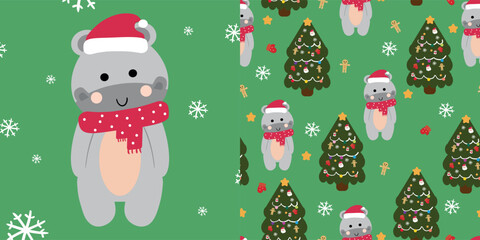 Cute hippopotamus  card christmas pattern cartoon hippopotamus and tree christmas cute christmas and winter wallpaper for fabric print, gift wrap paper