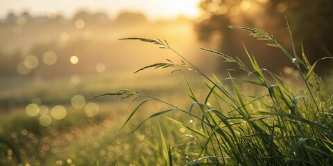 Golden Hour Meadow Blades of grass illuminated by the warm glow of sunrise, dew-kissed and softly blurred background.