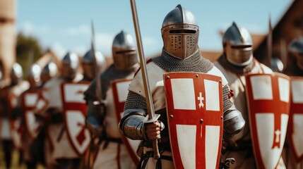 Soldiers clad in medieval armor and shields parade through an open field, representing a historical battle reenactment. They carry swords and exhibit camaraderie under a clear blue sky
