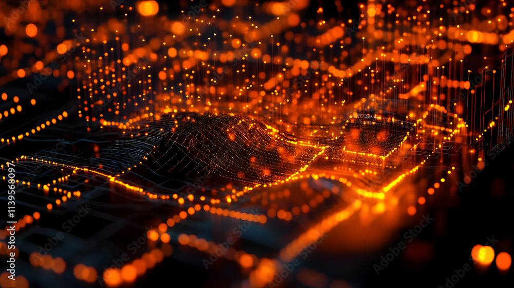 Aufkleber smart network and connection concept. orange, futuristic digital style. 3d render.
