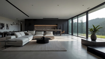 Fototapeta premium Modern living room featuring a white sectional sofa, minimalistic decor, and large windows overlooking green hills.
