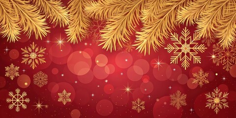 A Festive Winter Wonderland Scene with Golden Branches and Sparkling Snowflakes on a Red Background