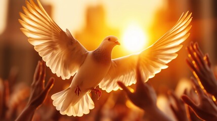 Fototapeta premium white dove spreads its wings as it ascends into the air during a vibrant sunset. Below, hands reach upwards, symbolizing a moment of hope and unity among the people present