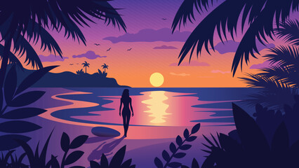 Back View of Woman Silhouette on the Beach Landscape with Tropical Plants and Sun at Sunrise Sunset