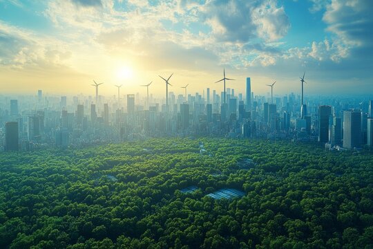 A futuristic city skyline featuring renewable energy solutions such as wind turbines, solar panels, and green architecture. Generative AI