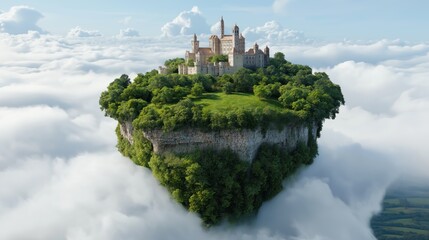 stunning castle sits atop a lush green island, surrounded by fluffy white clouds. unique formation creates a dreamy and magical atmosphere, inviting the imagination to explore