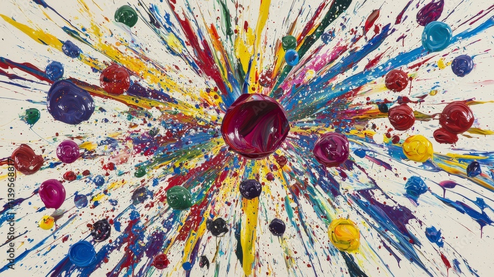 Aufkleber Vibrant paint splashing art event studio abstract canvas creation colorful environment overhead view artistic expression