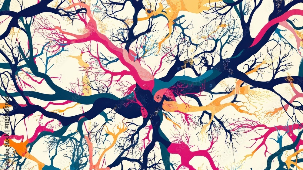 Poster neural pathways exploration abstract art digital illustration vibrant colors top-down view brain con