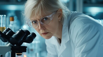 scientist in a lab coat focuses intently on her work, analyzing samples through a microscope surrounded by various laboratory equipment and glassware in a well-lit laboratory