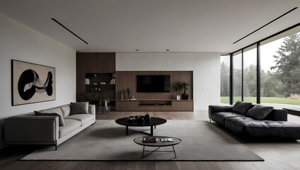 Modern living room featuring a light gray sofa, dark sectional, minimalist decor, and large windows overlooking nature.