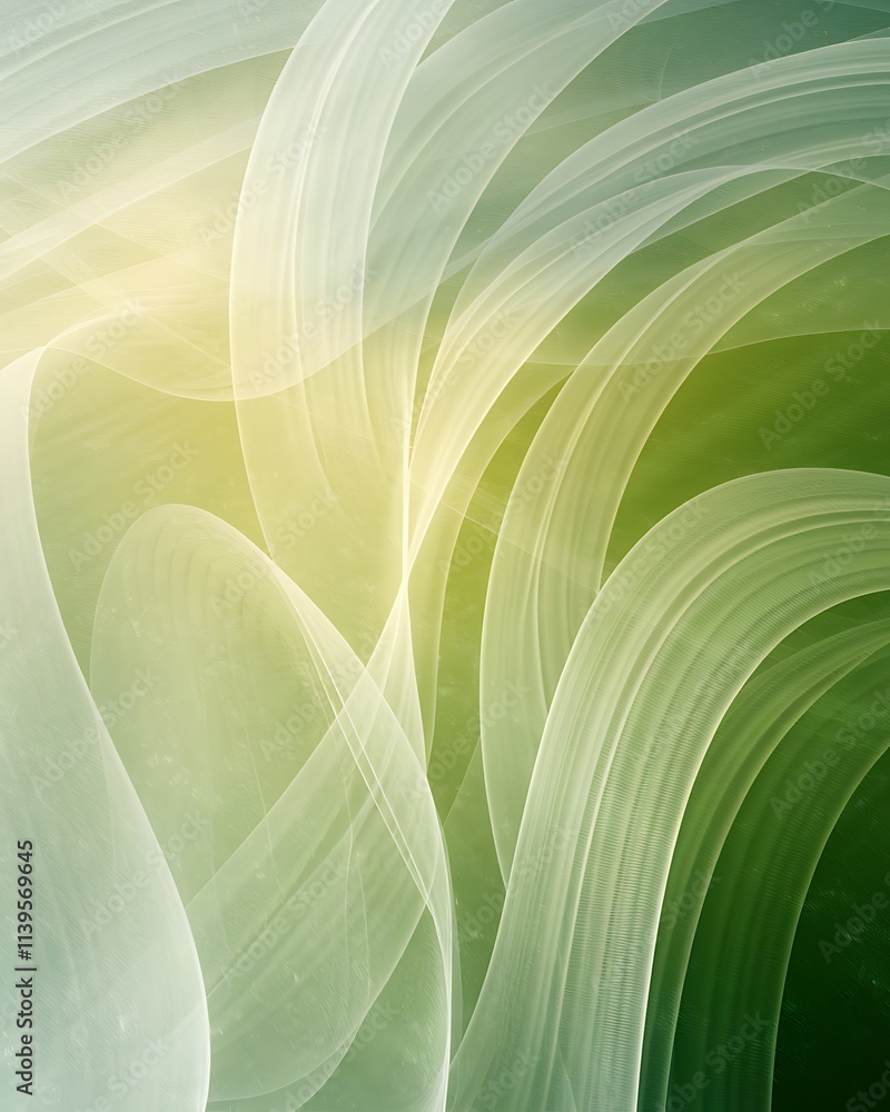 Poster abstract digital art with a green and white gradient background, featuring dynamic wave-like curved 