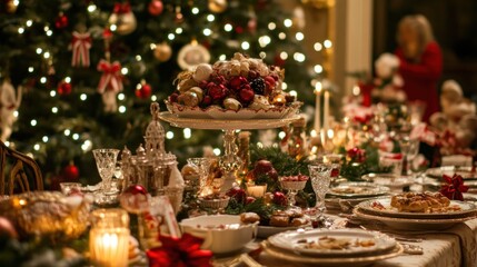 Naklejka premium Festive Christmas dinner table setting with decorated Christmas tree in the background.