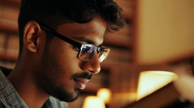 Young Indian male student with eyeglasses reading the book in a library. With his book open wide, the focused student embraces the inspiration found in the library.