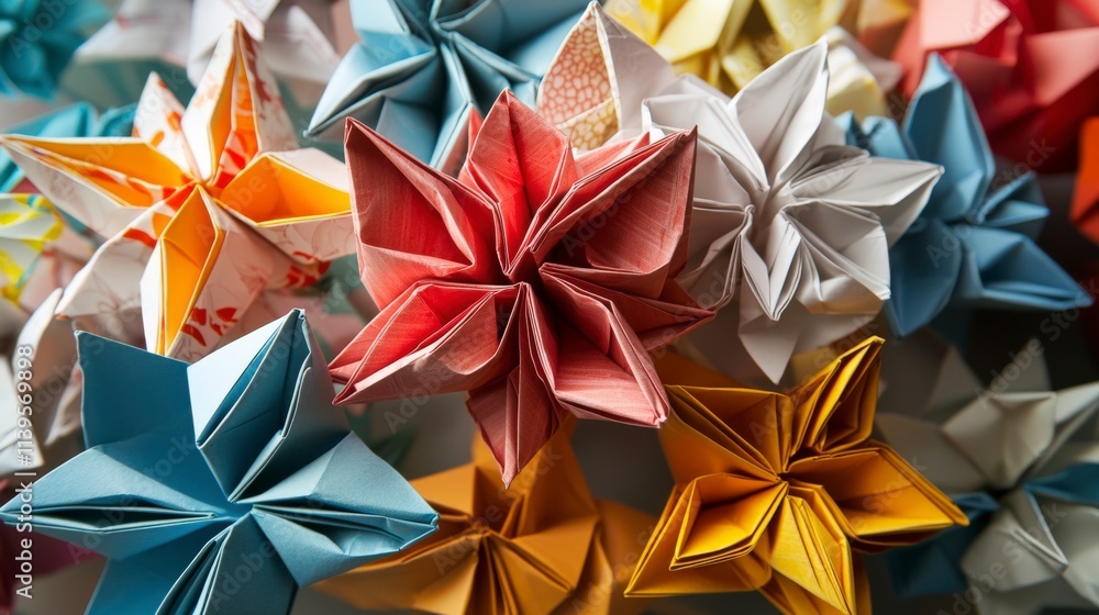 Poster intricate origami paper creations art studio craft display colorful environment close-up view creati