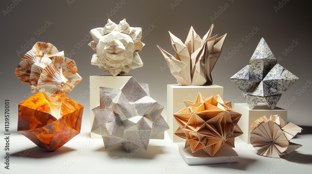 Poster intricate origami art display creative studio visual art showcase indoor setting close-up view craft