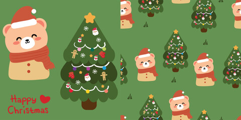 
Christmas cute bear card and cartoon pattern of cute bear and christmas tree, cute christmas and winter wallpaper for fabric prints, gift wrapping paper