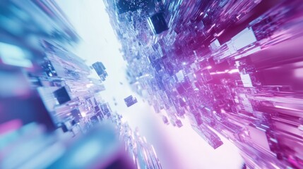 Abstract digital landscape with shimmering blocks in vibrant pink and blue hues.