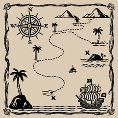 Adventure treasure map vector black silhouette print design