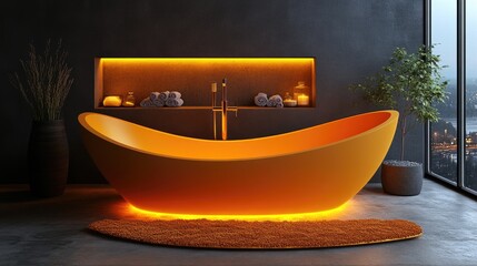 Modern, stylish, orange bathtub in a dark, contemporary bathroom with city view.  Illuminated by warm lighting.