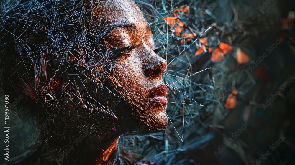 Poster the art of creation needle and thread abstract concept dreamlike environment close-up view artistic 