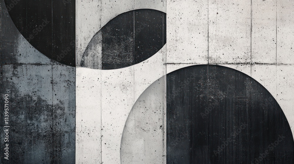 Poster abstract geometric composition featuring contrasting black and white circular shapes on concrete.